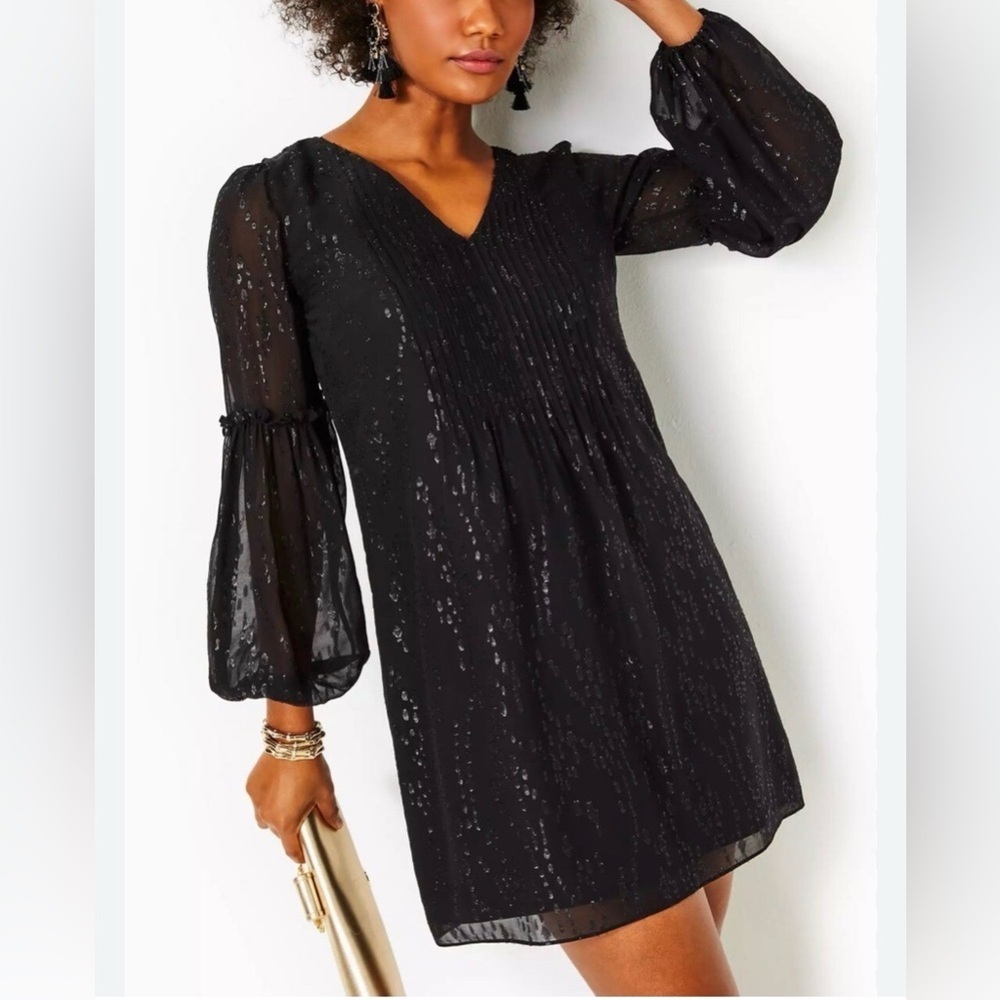 Lilly Pulitzer - Cleme Long Sleeve Onyx Fish Clip Chiffon Silk Mini Dress Size 4